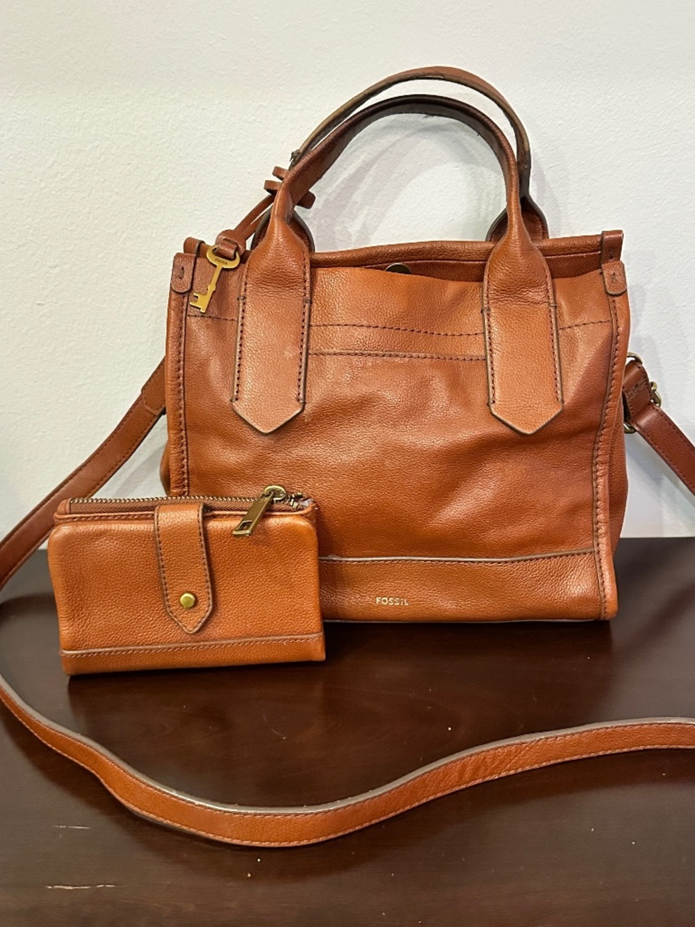 *FOSSIL KYLER* Brown Leather Satchel/Crossbody Bag W/ Wallet
